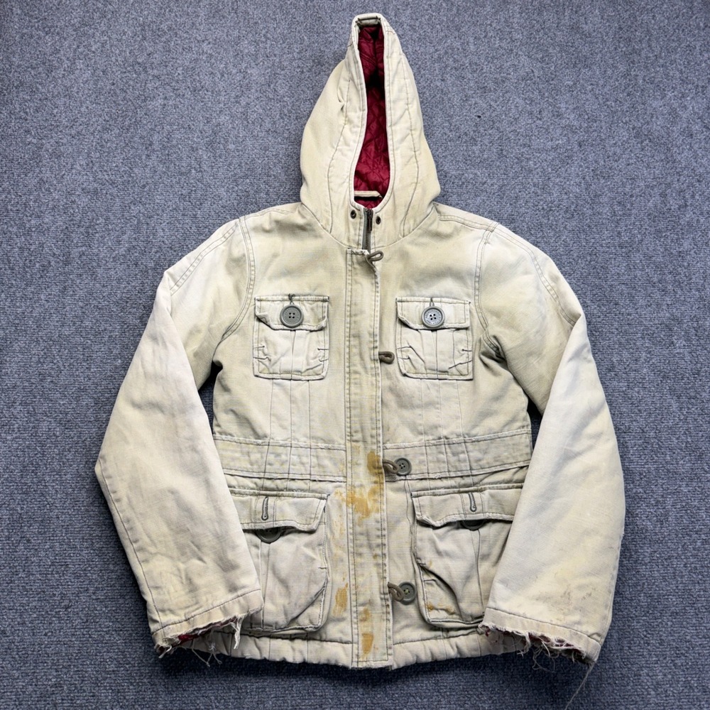 Abercrombie & Fitch Vintage Hooded Utility Jacket Tan Canvas Quilted Lining Med